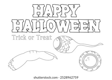 A spooky Halloween coloring page featuring creepy eyeballs and a severed finger, along with a Happy Halloween banner. Perfect for kids fun.