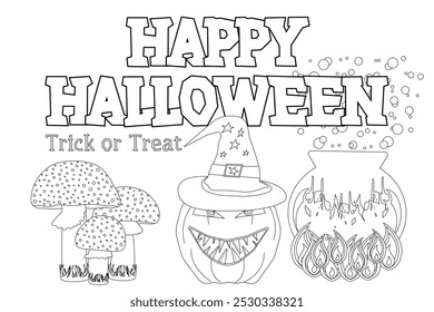 A spooky Halloween coloring page featuring a witches pumpkin, cauldron, and mushrooms. Fun for kids creative Halloween activities.