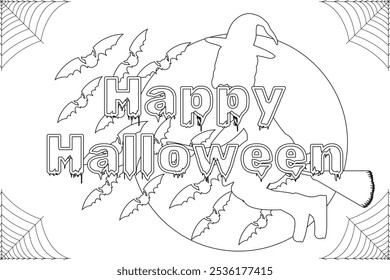 Spooky Halloween coloring page featuring a witch flying on a broomstick with bats and a Happy Halloween message. Perfect for festive fun.