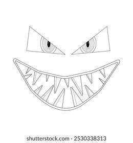 Spooky Halloween coloring page of a menacing grinning face with sharp teeth and intense eyes. Perfect for Halloween decorations and activities.