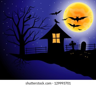 Spooky Halloween composition with horror house and popular holiday attributes