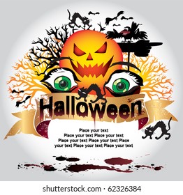 Spooky Halloween composition with pumpkin and horror victim eyes  with popular holiday attributes