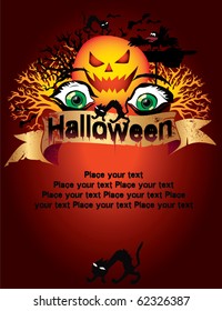 Spooky Halloween composition with pumpkin and horror victim eyes  with popular holiday attributes