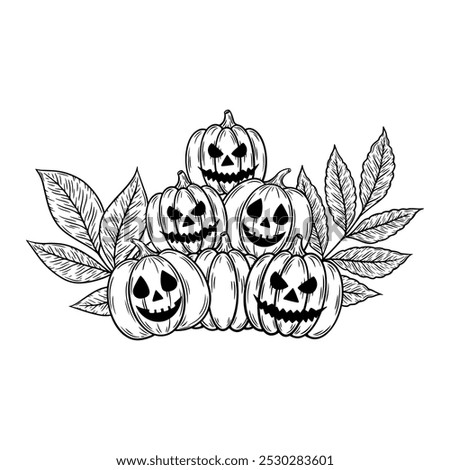Spooky Halloween composition with pumpkins and autumn leaves, line art illustration. Graphic monochrome drawing. Hand drawn outline sketch, engraved doodle illustration. For coloring book, invitation