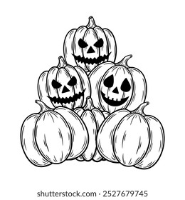 Spooky Halloween composition with pumpkins, line art illustration. Graphic monochrome drawing. Hand drawn outline sketch, engraved doodle illustration. For coloring book, invitation, decor