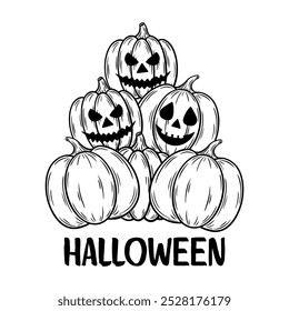 Spooky Halloween composition with pumpkins, line art illustration. Graphic monochrome drawing. Hand drawn outline sketch, engraved doodle illustration. For coloring book, invitation, decor