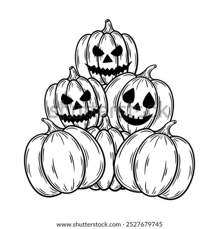 Spooky Halloween composition with pumpkins, line art illustration. Graphic monochrome drawing. Hand drawn outline sketch, engraved doodle illustration. For coloring book, invitation, decor