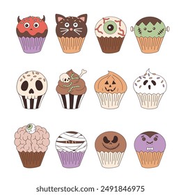 Spooky Halloween cupcake vector clip-art set isolated on white. 