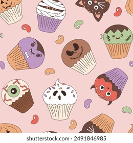 Spooky Halloween Cupcake Vektorgrafik nahtloses Muster. Halloween Süßigkeiten Hintergrund.