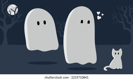 Spooky Halloween Cute Ghost Looking at a Cat Silhouette In Dark Woods, Vector Illustration, Doodle Style, Line Illustrations, Blue, White, Dead Trees