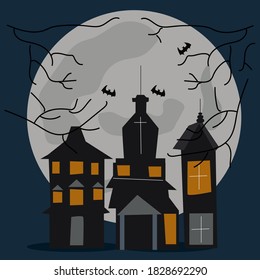 Spooky halloween dark horror background,Celebration theme.Scary old graveyard and church in the woods.Halloween Icon.vector ilustration.