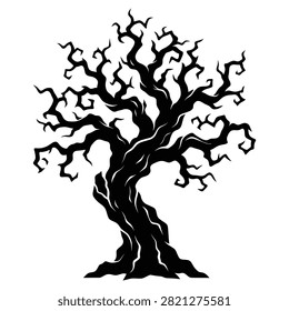 Spooky Halloween dead tree silhouette with twisted bare branches isolated on white background, scary windswept tree vector illustration for horror design