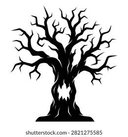 Spooky Halloween dead tree silhouette with twisted bare branches isolated on white background, scary windswept tree vector illustration for horror design