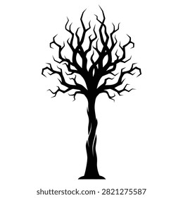 Spooky Halloween dead tree silhouette with twisted bare branches isolated on white background, scary windswept tree vector illustration for horror design
