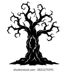 Spooky Halloween dead tree silhouette with twisted bare branches isolated on white background, scary windswept tree vector illustration for horror design