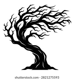 Spooky Halloween dead tree silhouette with twisted bare branches isolated on white background, scary windswept tree vector illustration for horror design