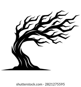 Spooky Halloween dead tree silhouette with twisted bare branches isolated on white background, scary windswept tree vector illustration for horror design