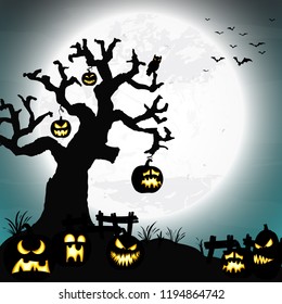 gruselig halloween toten baum mit einigen beängstigenden kürbissen vor einem vollmond mit fledermäusen