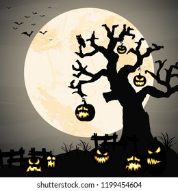 spooky halloween dead tree with some scary pumpkins in front of an full moon with bats