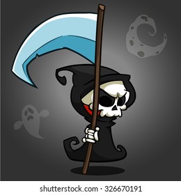 Spooky Halloween death with scythe. Cartoon grim reaper character isolated on dark background. Vector cartoon illustration 