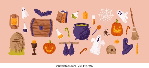 Spooky Halloween decor set. Helloween party decorations: ghosts, pumpkins, witch hat. Creepy holiday elements: scary bats, cauldron, web with spider. Flat isolated hand drawn vector illustrations