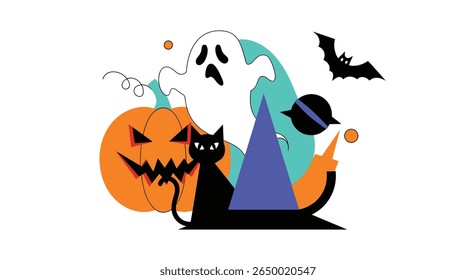 Spooky halloween decorations with a ghost pumpkin cat bat and witch hat for a festive celebration