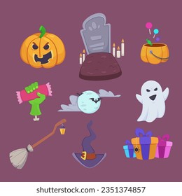 Spooky Halloween decorations or symbols vector illustrations set. Drawings of comic pumpkin, ghost, gravestone, witch hat and broom, zombie hand, gifts. Halloween, celebration, holiday concept