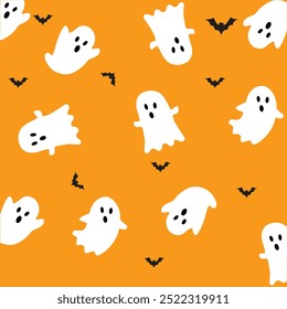 Spooky Halloween design featuring a white ghost and black bats against a vibrant orange background. This playful and eerie illustration is perfect for seasonal wallpapers, party invites.