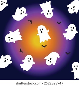 Design de Halloween assustador com um fantasma branco e morcegos pretos contra um fundo laranja vibrante. Esta ilustração divertida e misteriosa é perfeita para papéis de parede sazonais, convites de festa e me social