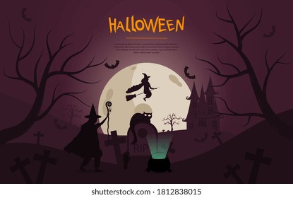 Spooky Halloween design with flying witch, bats, ghosts, ghouls and haunted house on a midnight background, colored vector illustration