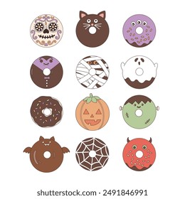 Spooky Halloween donut vector clip-art set isolated on white.