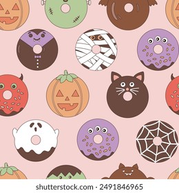 Espeluznante Vector de donut de Halloween fondo de patrón sin fisuras.