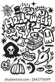 A spooky halloween doodles featuring ghosts, pumpkins, and playful designs evoke festive