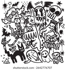 A spooky halloween doodles featuring ghosts, skeletons, and black cat create fun atmosphere