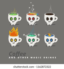 Spooky Halloween drinks, set of icons. Cup like a skull with a fantastic liquid. Vector illustration.