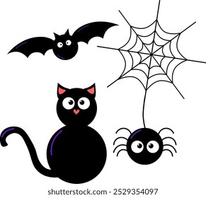 Spooky Halloween element set, Halloween holiday collage, vector black cat, spider, web and bat in cartoon style
