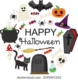 Spooky Halloween elements in circle form and with the inscription. Colorful Happy Halloween round banner 