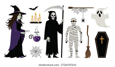Gespenstische Halloween-Elemente mit Hexe, Sensenmann, Mumie, Geist, Zaubertrank, Sarg und gruseligen Spinnennetzen.