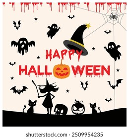 Spooky Halloween elements. Funny collection of spooky ghosts, witches, cats, bats, pumpkins and skulls. Halloween concept. Flat vector illustration.