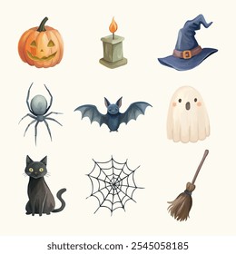 Spooky Halloween elements including pumpkin, black cat, spider, ghost, and more for creative designs.