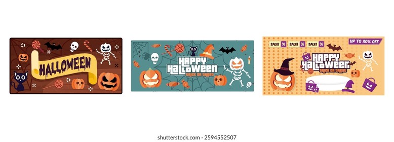 Spooky Halloween elements. Lively Halloween party. Pumpkins, witch hats, bats, and skulls. Halloween Party concept. Set flat vector illustration.