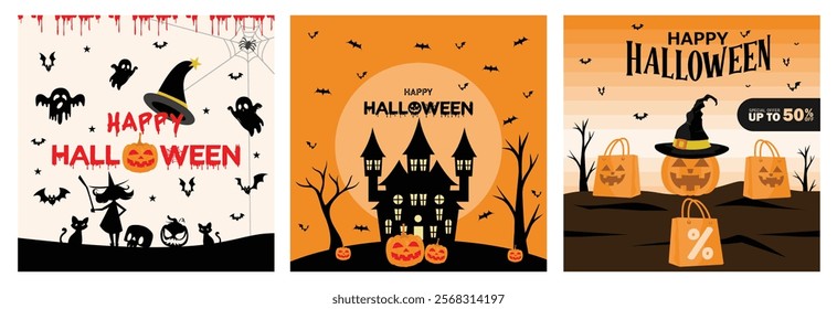 Spooky Halloween elements. An old house with a scary tree and bats flying around at night. Jack-o-Lantern Pumpkin. Halloween concept. Set flat vector illustration.