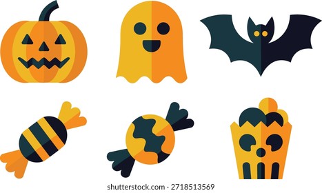 Spooky Halloween Elements Set – Jack-o’-Lantern, Bat and Candy Illustrations