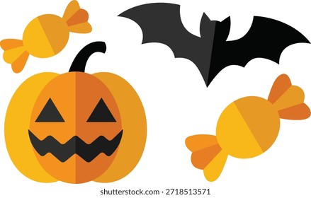 Spooky Halloween Elements Set – Jack-o’-Lantern, Bat and Candy Illustrations