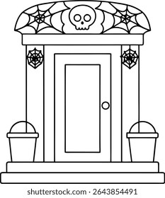 Spooky Halloween Entrance Doorway with Skull and Web Decorations, Black and White Outline for Coloring Pages or Halloween-themed Graphic Designs, simple, isolated