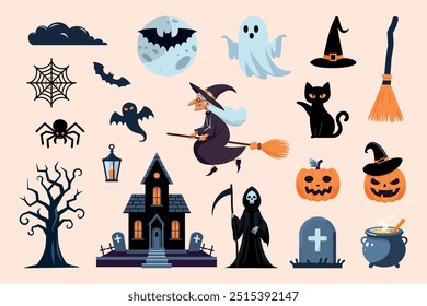 Spooky Halloween event elements set vector illustration featuring pumpkins, bats, ghosts, and more. Perfect for holiday-themed designs, branding, and invitations. Scalable and high-quality artwork.