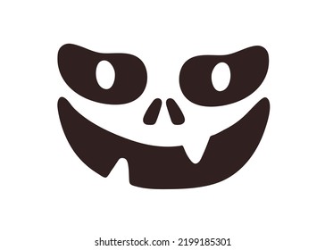 Spooky Halloween face with scary smile. Happy evil monster with eyes, mouth, fangs stencil. Creepy horror jack silhouette for Helloween holiday. Flat vector illustration isolated on white background
