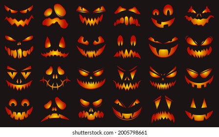 Spooky halloween faces. Happy halloween glowing pumpkins scary faces vector illustration set. Halloween pumpkin carving faces. Glowing lantern in carving face smile, celebration october holiday