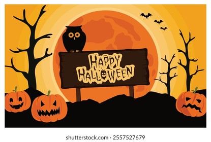 A spooky Halloween featuring a sign, pumpkins, an owl, and bats against a full moon. Perfect for celebrating the Halloween season with a touch of mystery and fun. Flat vector modern illustration 