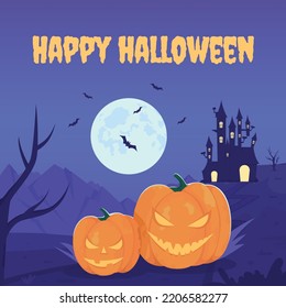 Spooky Halloween Festival Greeting Card Template. Editable Social Media Post Design. Smirking Pumpkins At Night. Flat Vector Color Illustration For Poster, Web Banner, Ecard. Creepster Font Used